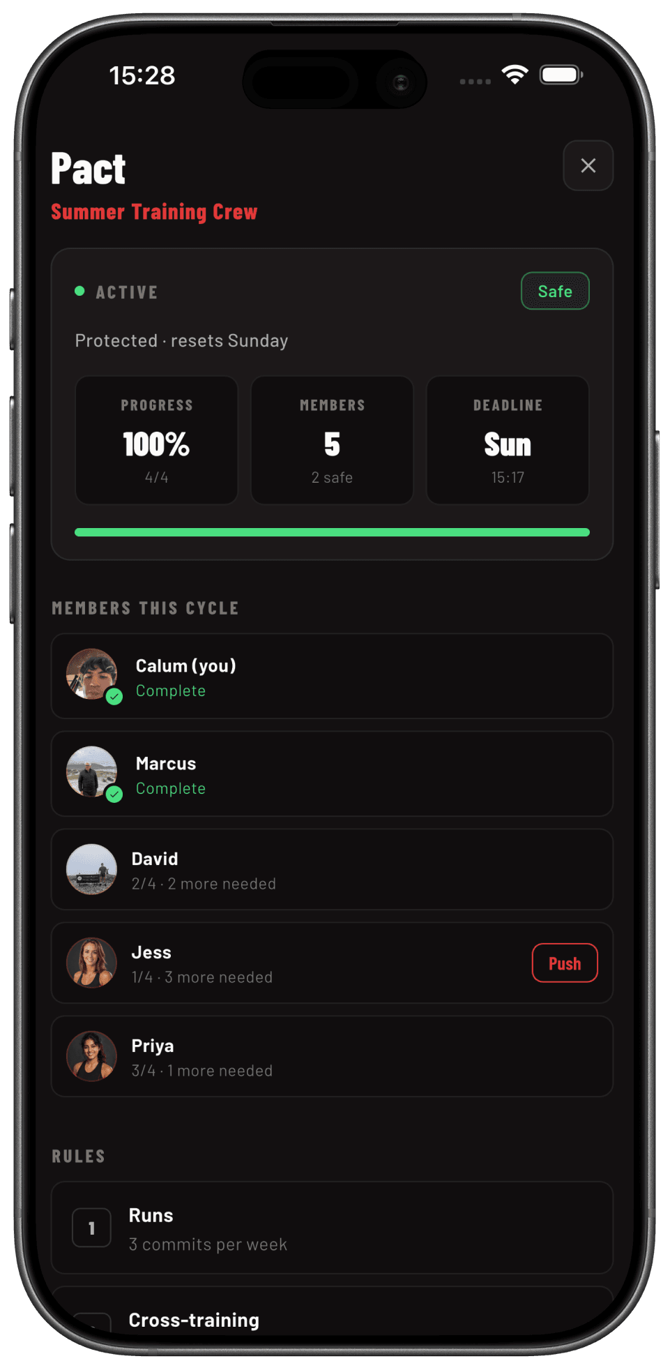 Rally pact details screen